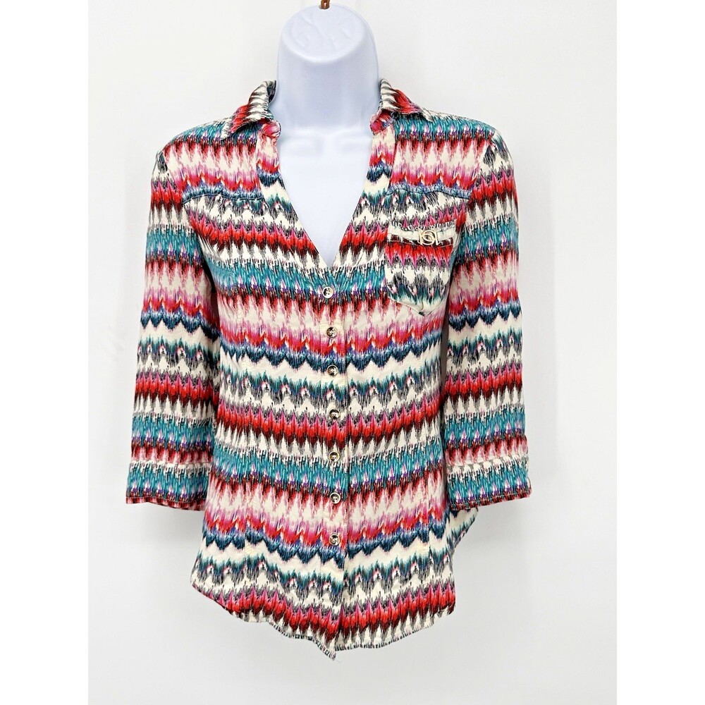 Vintage Bebe Sheer‎ Mesh Shirt Blouse 3/4 Sleeve Red Black White USA Y2K X Small